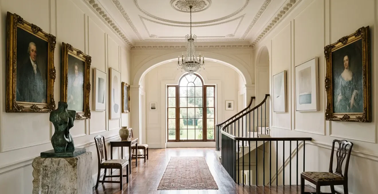 Georgian period room with classical architecture featuring modern art installations