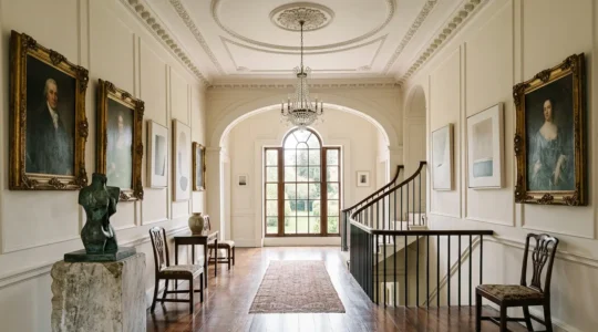 Georgian period room with classical architecture featuring modern art installations