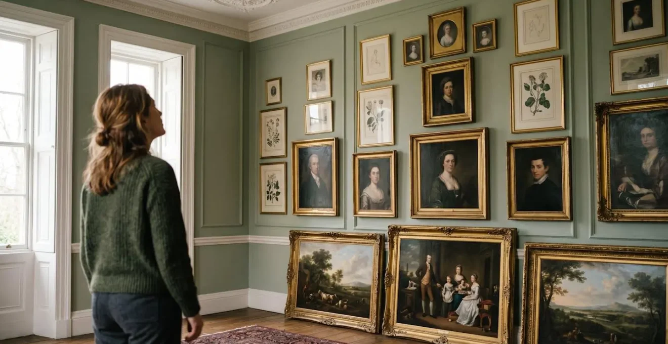 Georgian drawing room showcasing vertical salon wall arrangement with mixed artwork