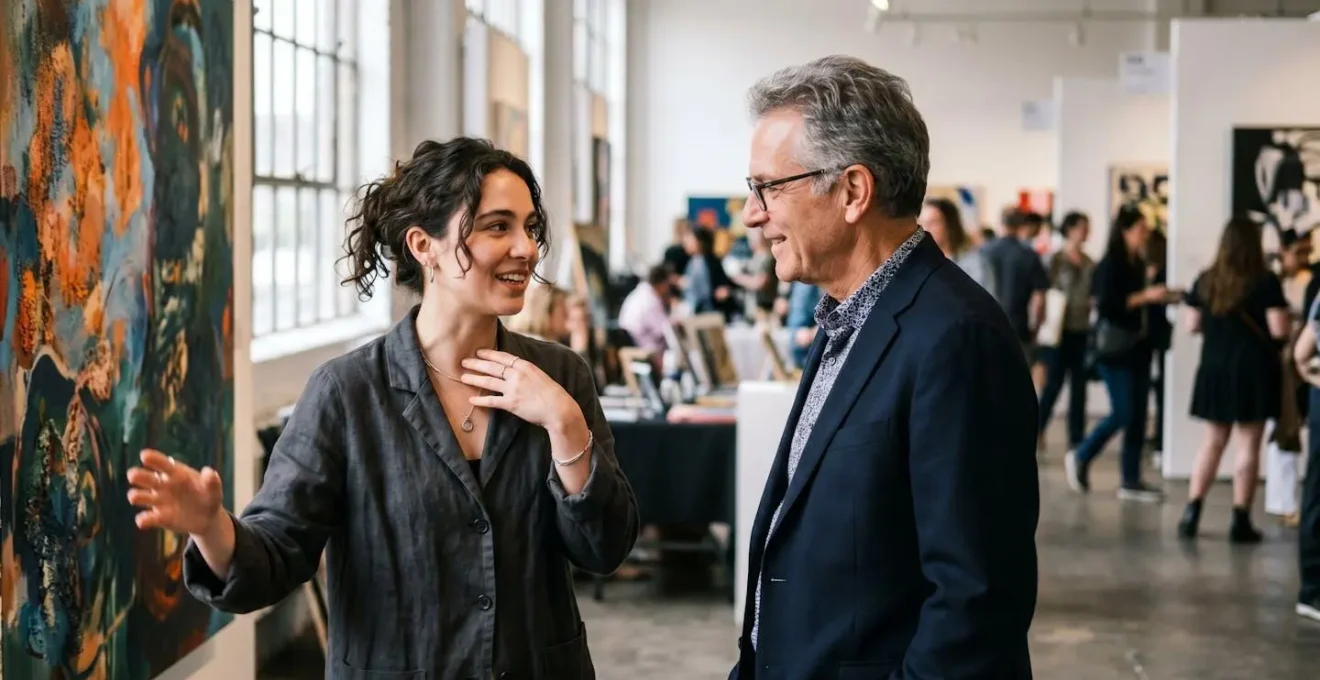 A young collector intently discussing an abstract painting with an artist at a graduate art fair booth.