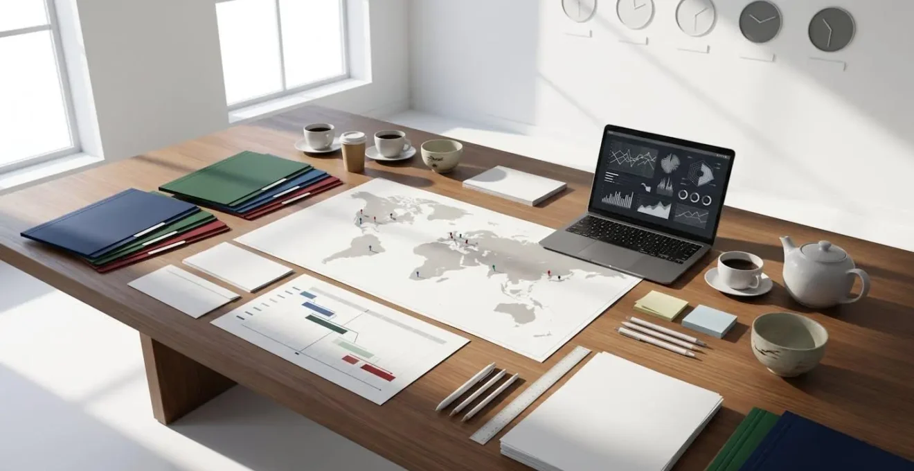 Professional workspace showing meticulous grant application preparation with international collaboration documents
