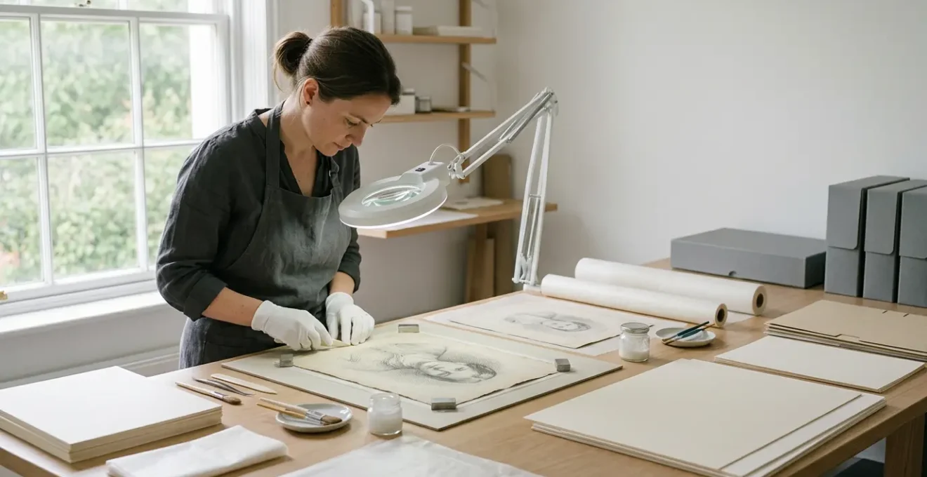Professional conservation workspace showing graphite drawings with archival preservation materials and proper mounting techniques