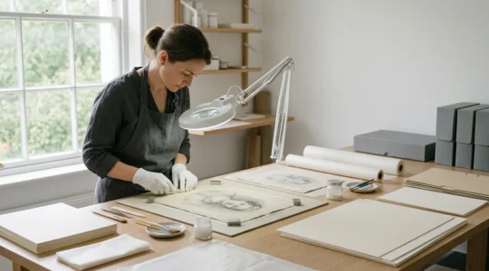 Professional conservation workspace showing graphite drawings with archival preservation materials and proper mounting techniques