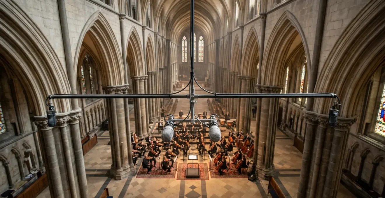 High-ceiling cathedral interior with omnidirectional microphones suspended above conductor podium capturing classical orchestra performance in natural reverberant space
