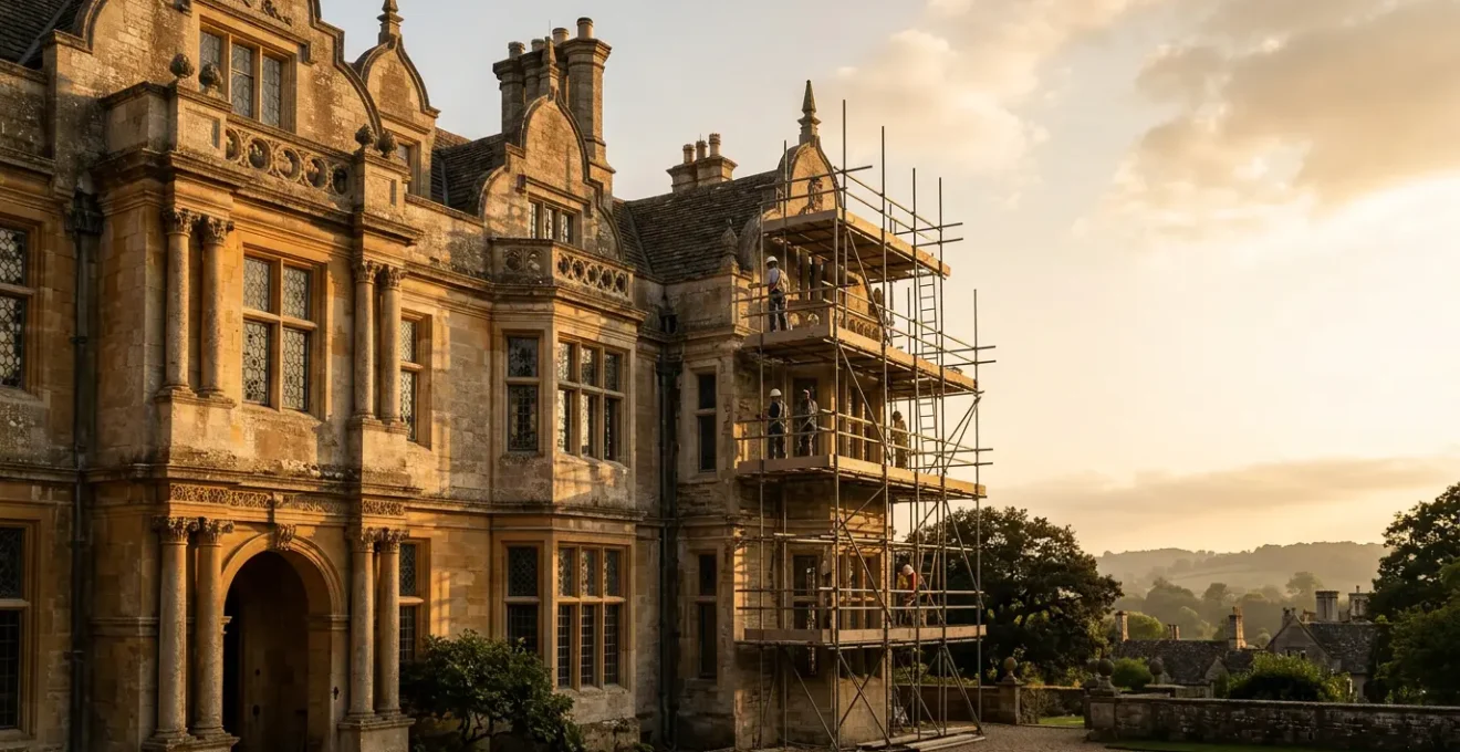 Historic listed building facade with scaffolding during restoration work showcasing traditional craftsmanship and heritage preservation