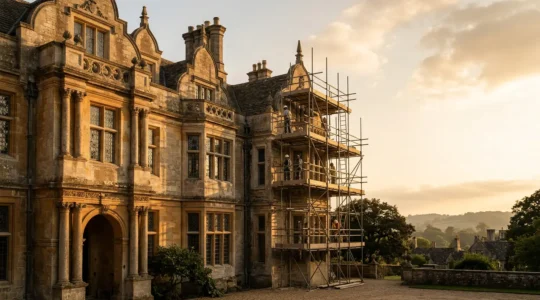 Historic listed building facade with scaffolding during restoration work showcasing traditional craftsmanship and heritage preservation