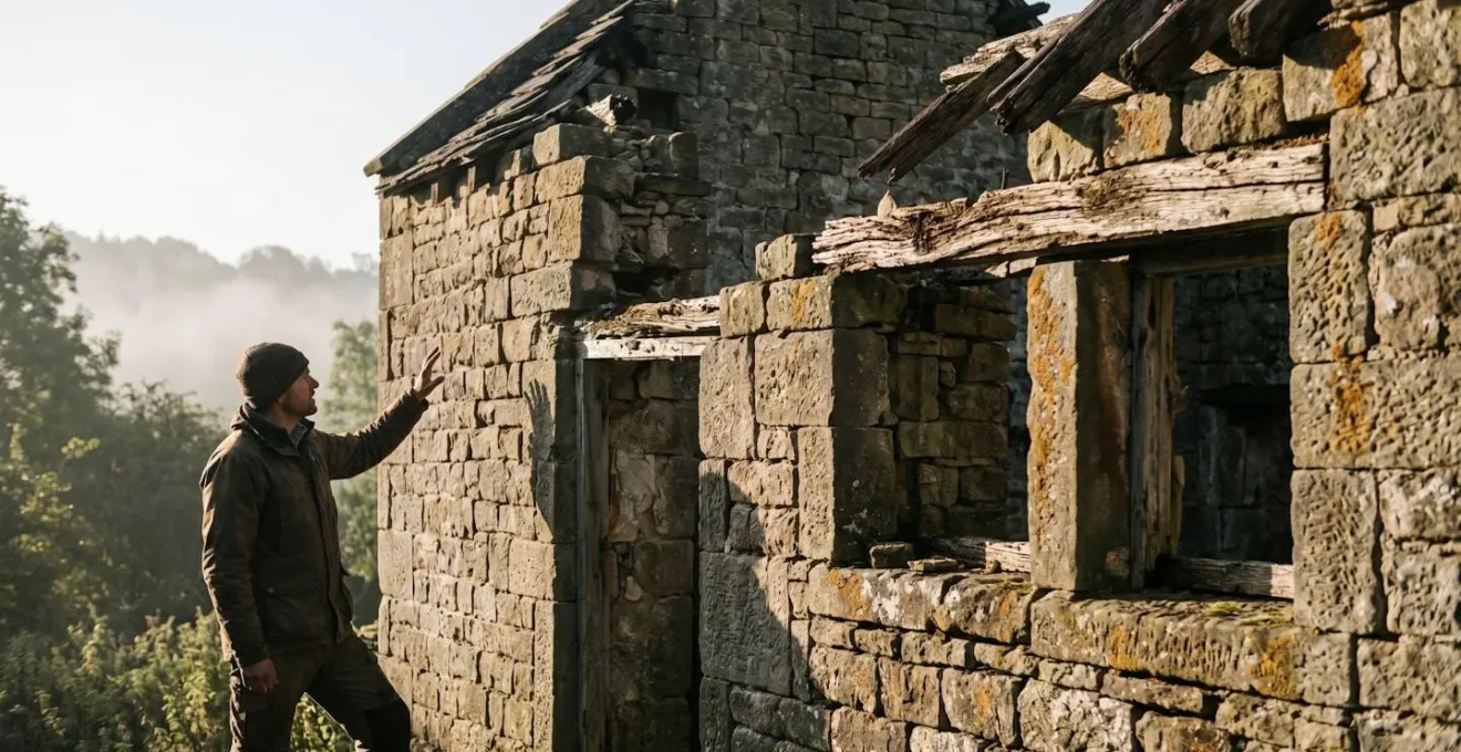 Conservation specialist conducting structural assessment of historic stone ruin using modern surveying equipment with dramatic natural lighting