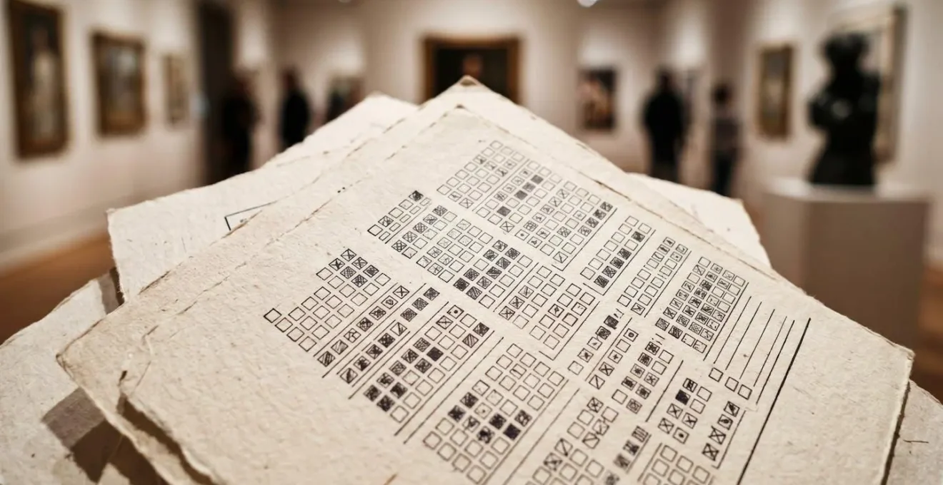 Close-up of customs classification documents with art pieces in soft focus background