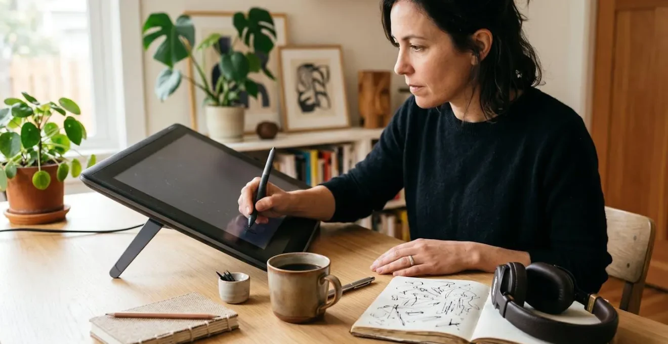 Modern home office setup for digital artist with creative tools