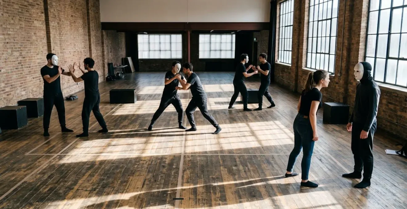 Theatre performers practicing de-escalation techniques in a workshop setting