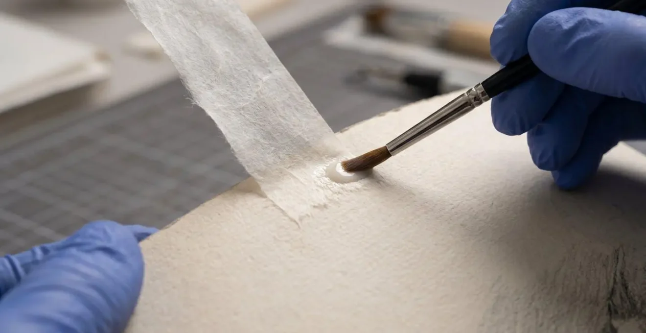 Close-up of conservator's hands applying Japanese tissue hinge with wheat starch paste