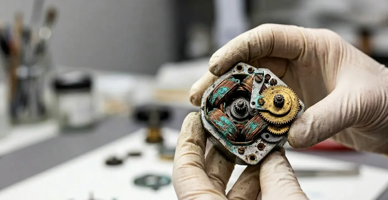 Conservator's hands examining a vintage electric motor mechanism from a mid-century kinetic sculpture
