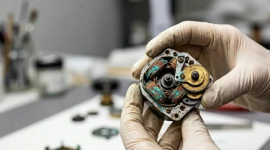 Conservator's hands examining a vintage electric motor mechanism from a mid-century kinetic sculpture
