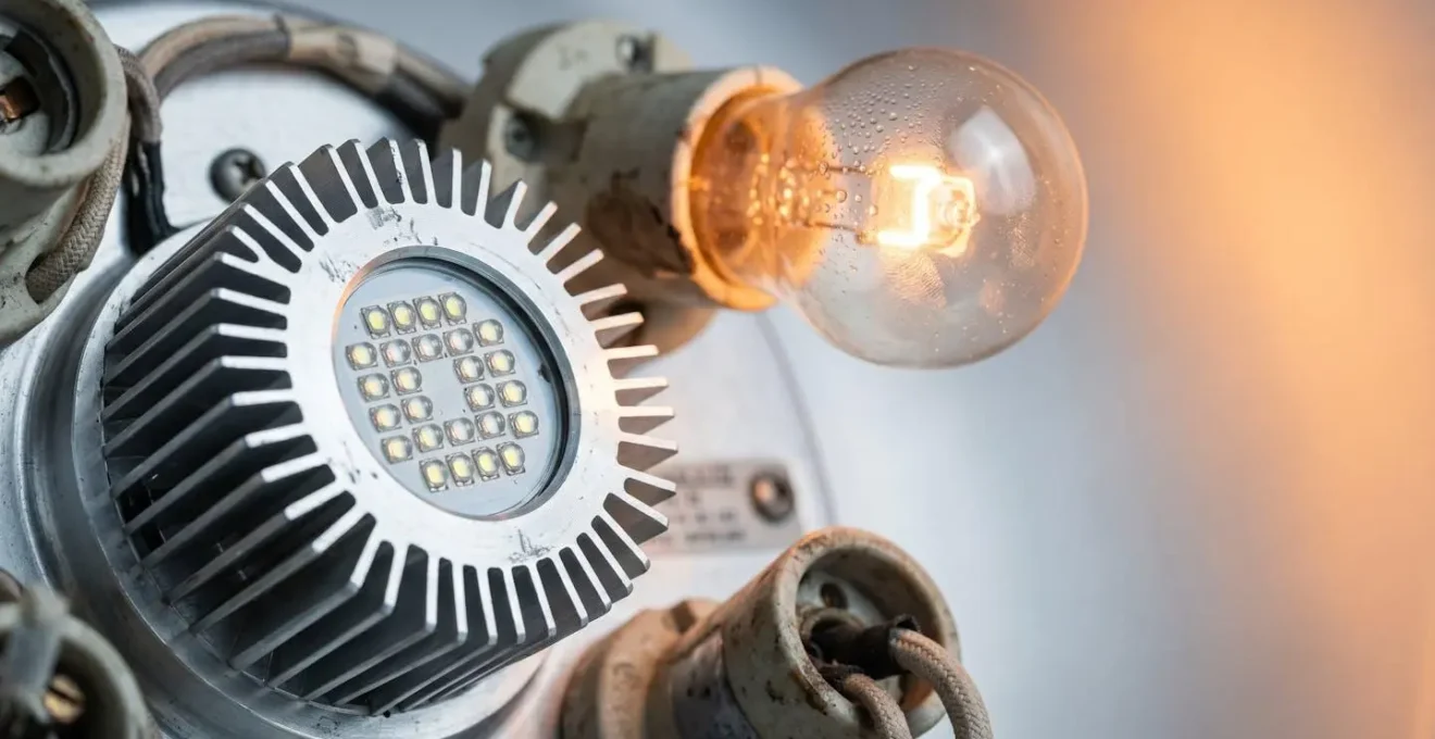 Close-up comparison showing a cool-running LED emitter array next to a glowing hot traditional tungsten stage fixture.