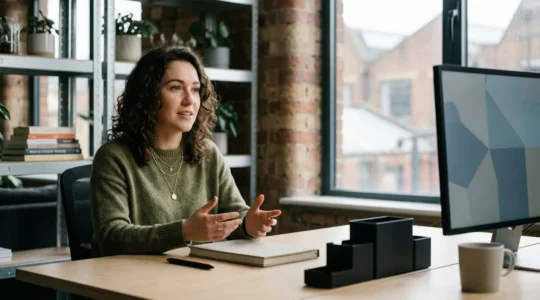 Freelance graphic designer in modern London workspace discussing project pricing