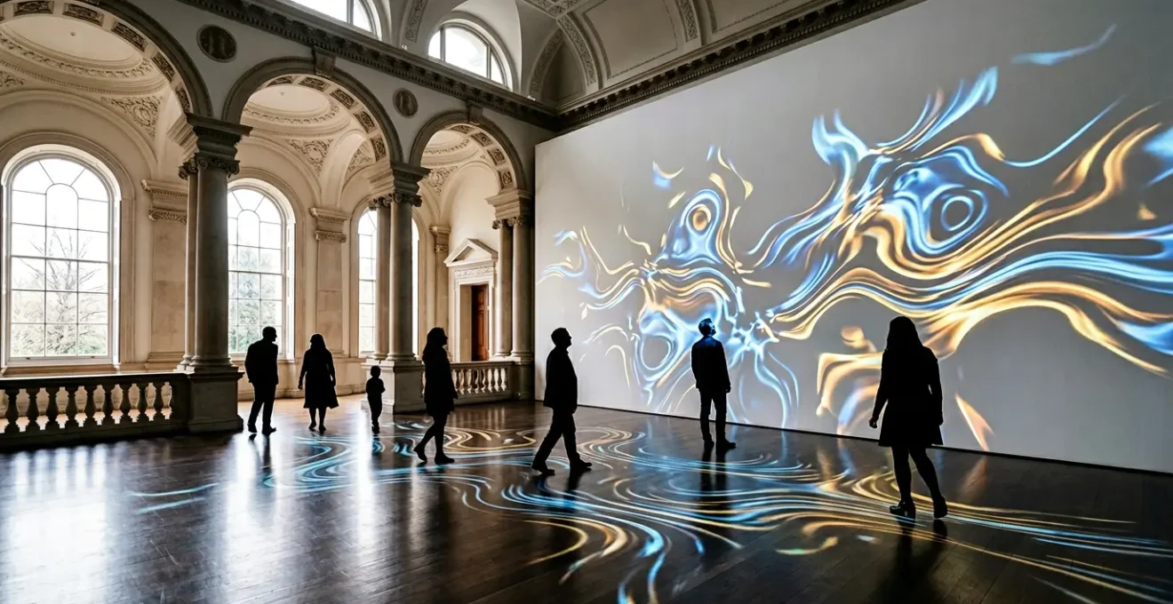 Immersive digital art installation in a contemporary London gallery with interactive light projections
