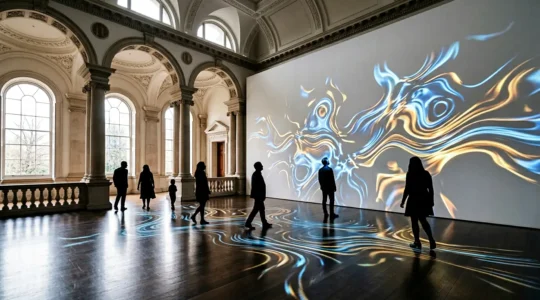 Immersive digital art installation in a contemporary London gallery with interactive light projections