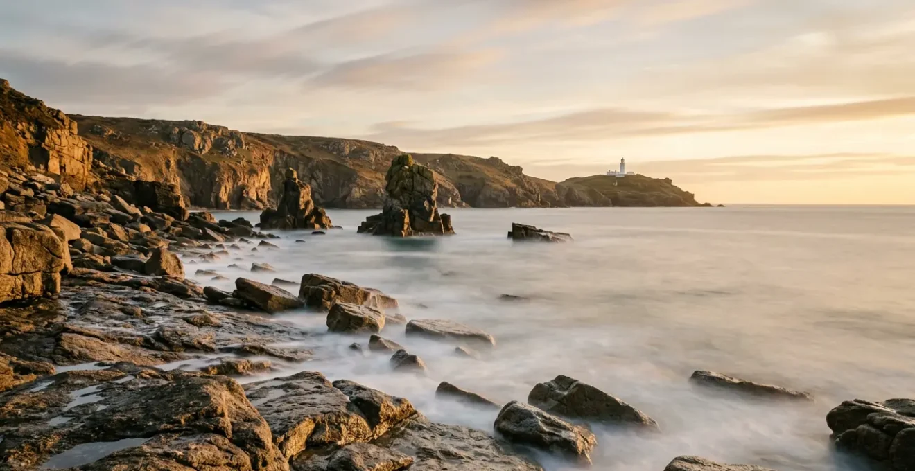 A dramatic Cornish coastal scene with silky water flowing over rocks at golden hour