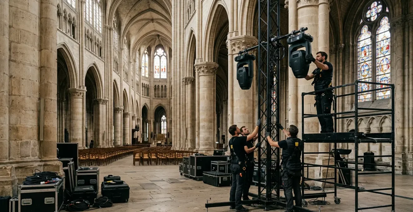 Event production team setting up lighting equipment in a grand historic venue with ornate architectural details