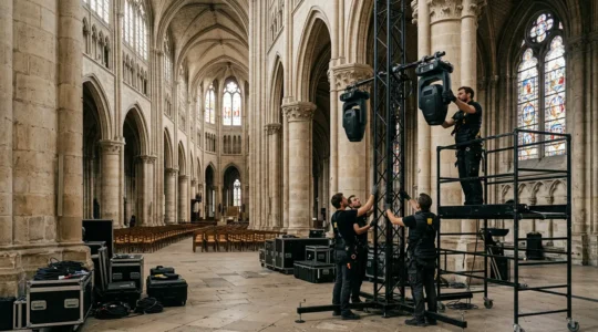 Event production team setting up lighting equipment in a grand historic venue with ornate architectural details