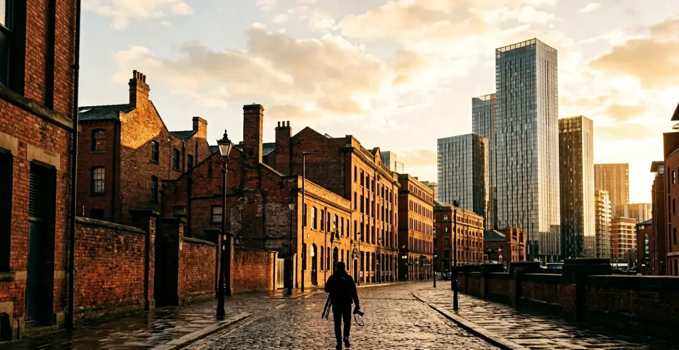 Wide-angle view of Manchester showing old brick buildings contrasting with modern glass structures, captured in golden hour light