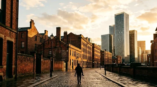 Wide-angle view of Manchester showing old brick buildings contrasting with modern glass structures, captured in golden hour light