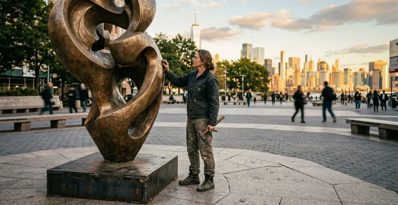 Modern sculptor working on large-scale public art installation in urban plaza