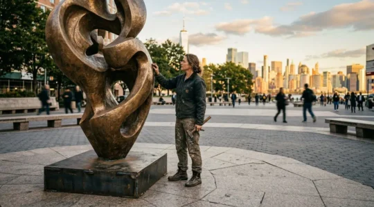 Modern sculptor working on large-scale public art installation in urban plaza