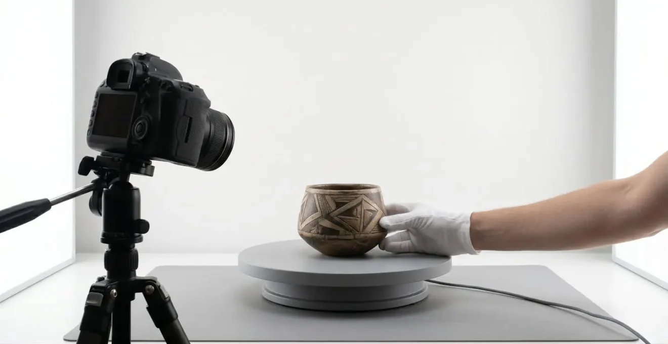 Museum registrar photographing ceramic artifact from multiple angles for comprehensive insurance documentation