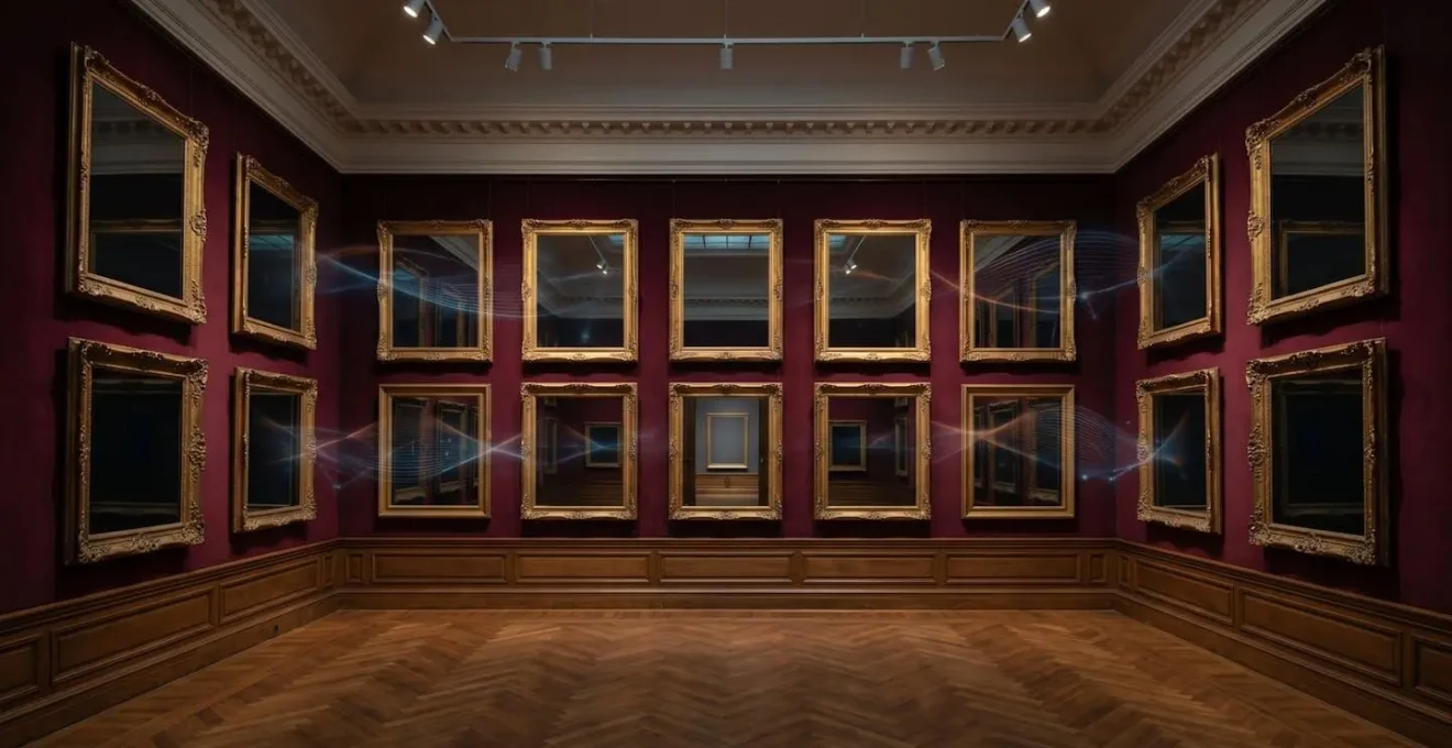 Empty museum room with colonial-era gold frames containing void spaces, overlaid with subtle sound wave visualizations