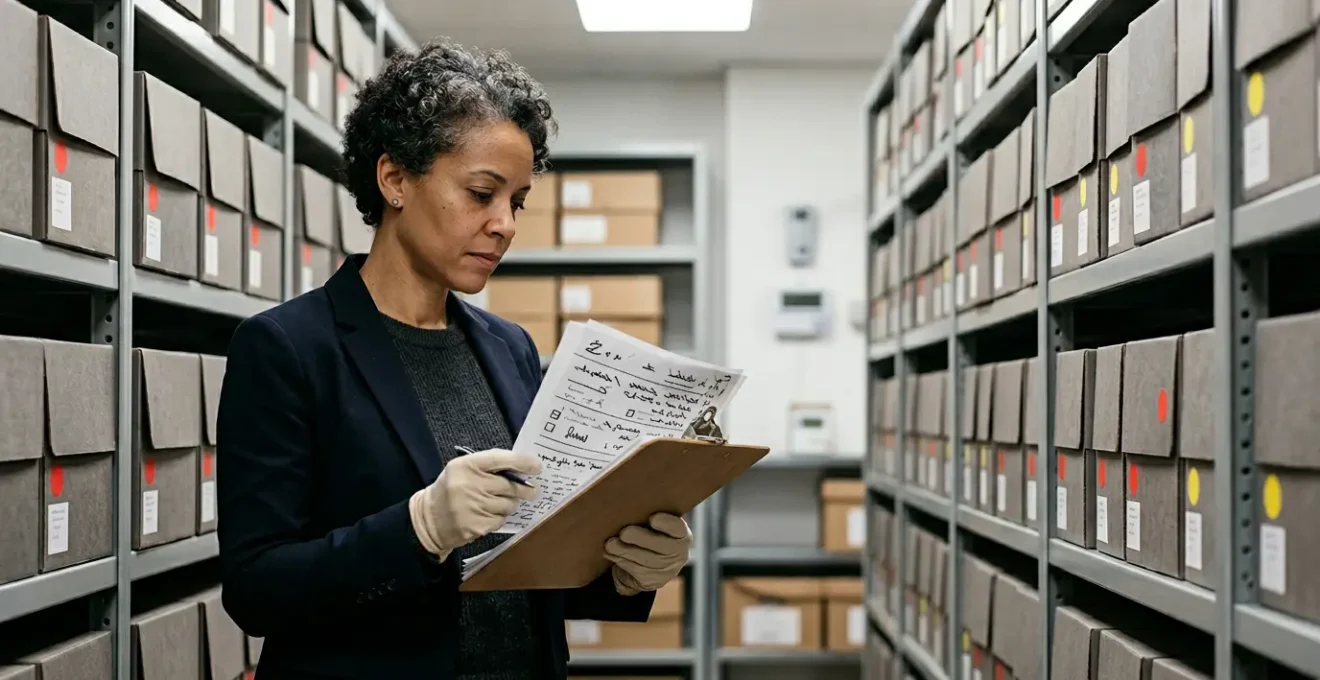 Museum staff member carefully examining archival documents in professional storage facility during disaster preparedness review