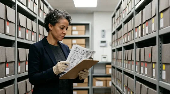 Museum staff member carefully examining archival documents in professional storage facility during disaster preparedness review
