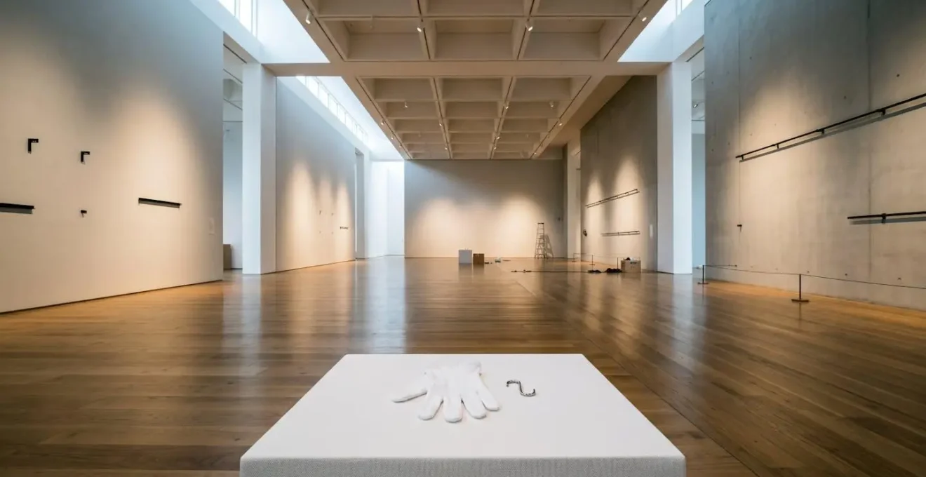 Wide shot of empty museum gallery space anticipating major retrospective exhibition