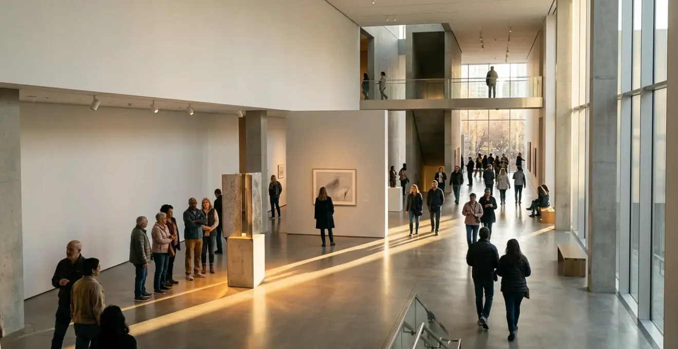 Visitors exploring an innovative museum gallery with strategic lighting and interactive installations