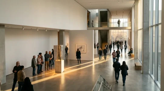 Visitors exploring an innovative museum gallery with strategic lighting and interactive installations