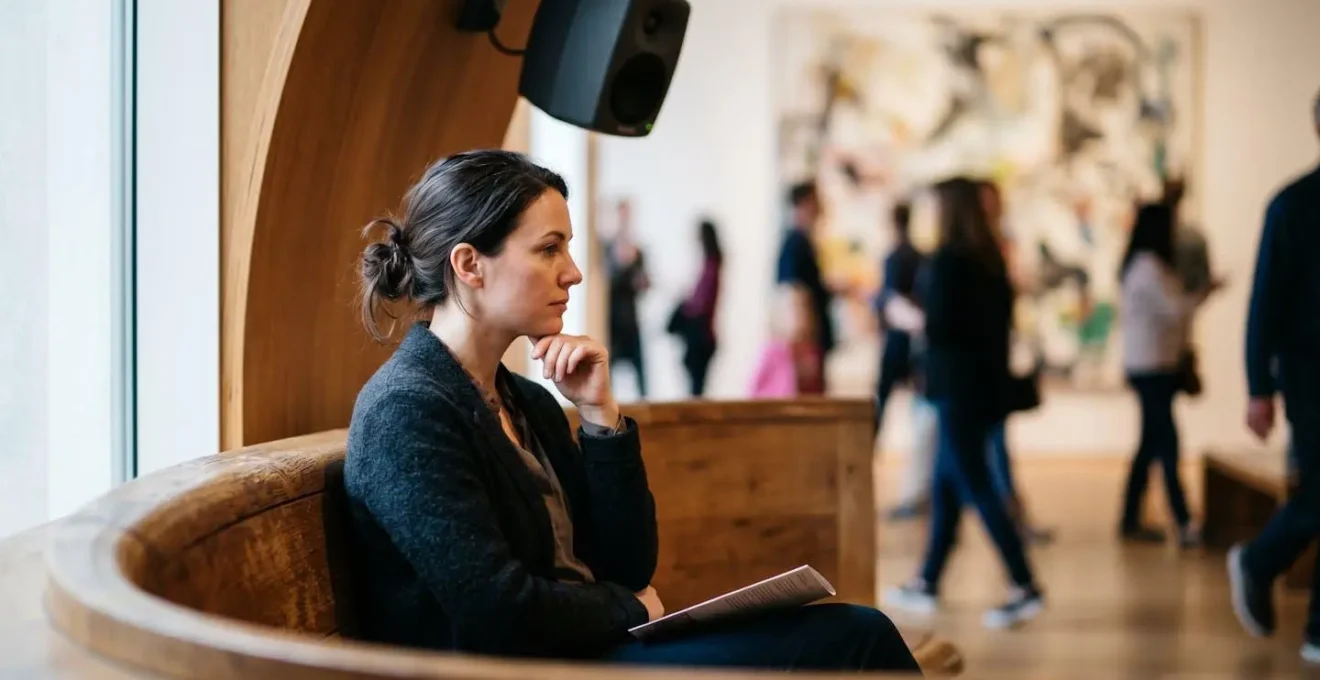 Intimate prospect-refuge seating area in museum designed for prolonged art contemplation