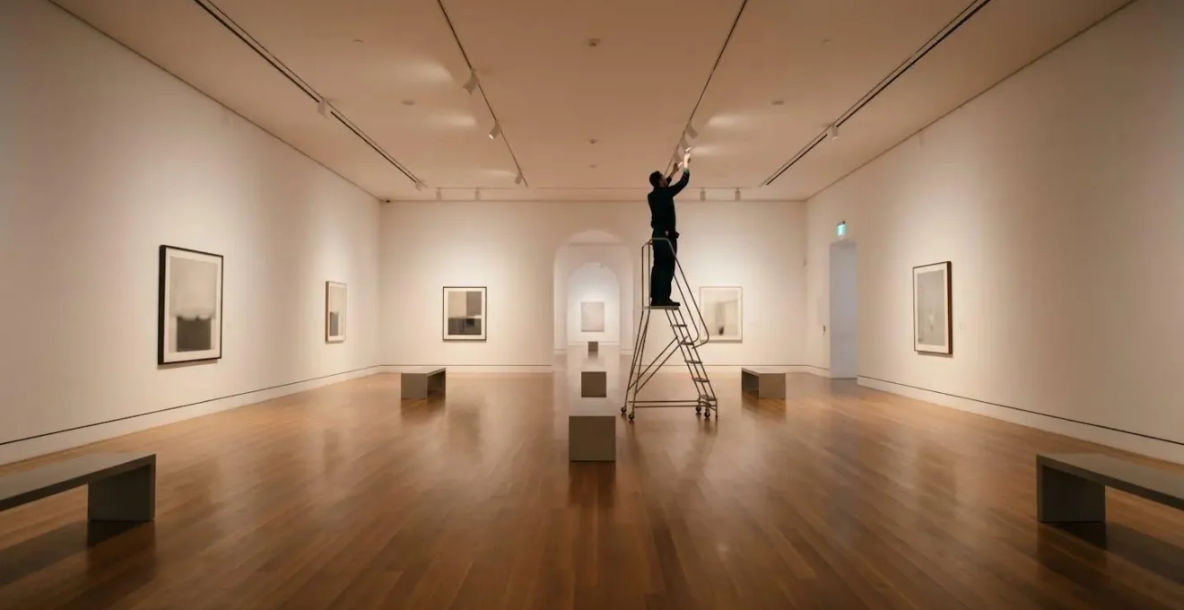 Museum staff member preparing sensory-friendly environment with thoughtful lighting and sound adjustments