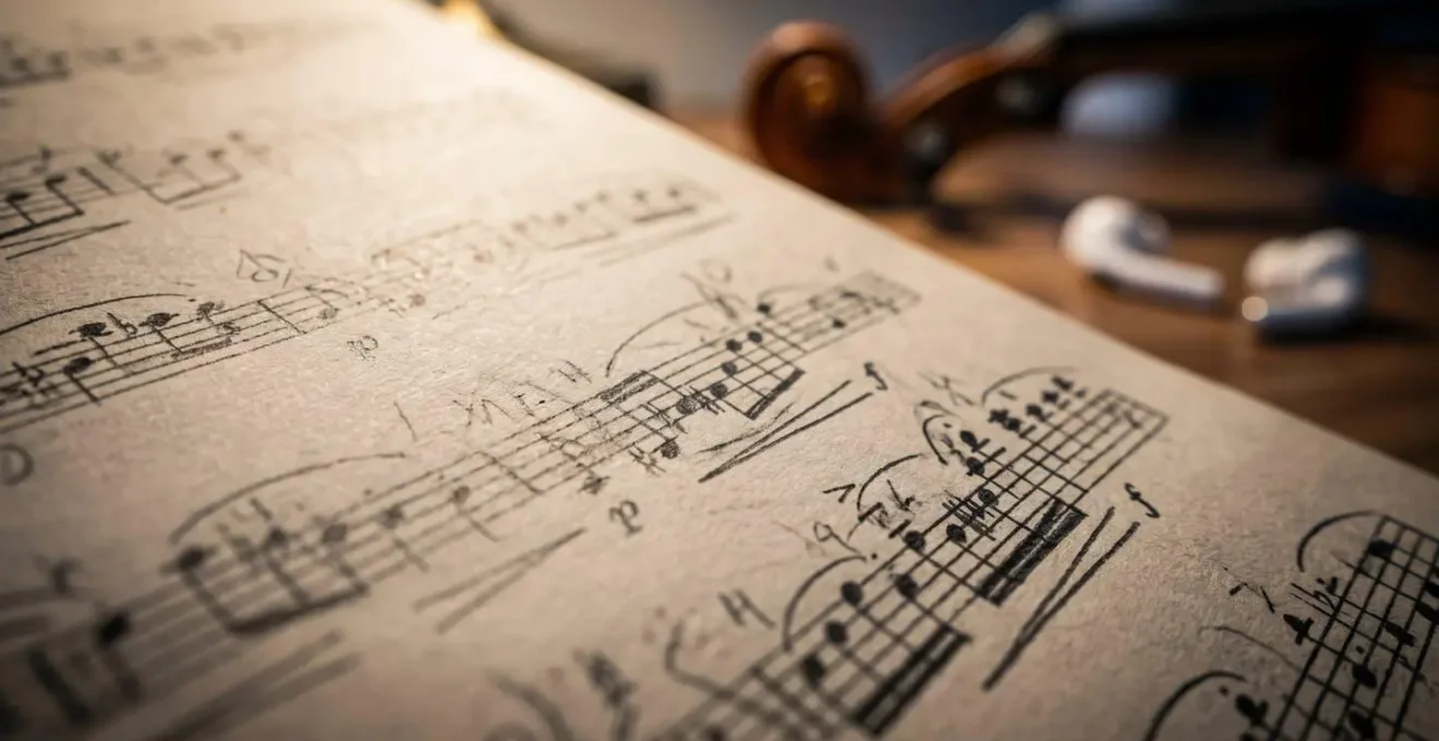 Musical score and instrument with subtle digital elements suggesting balance