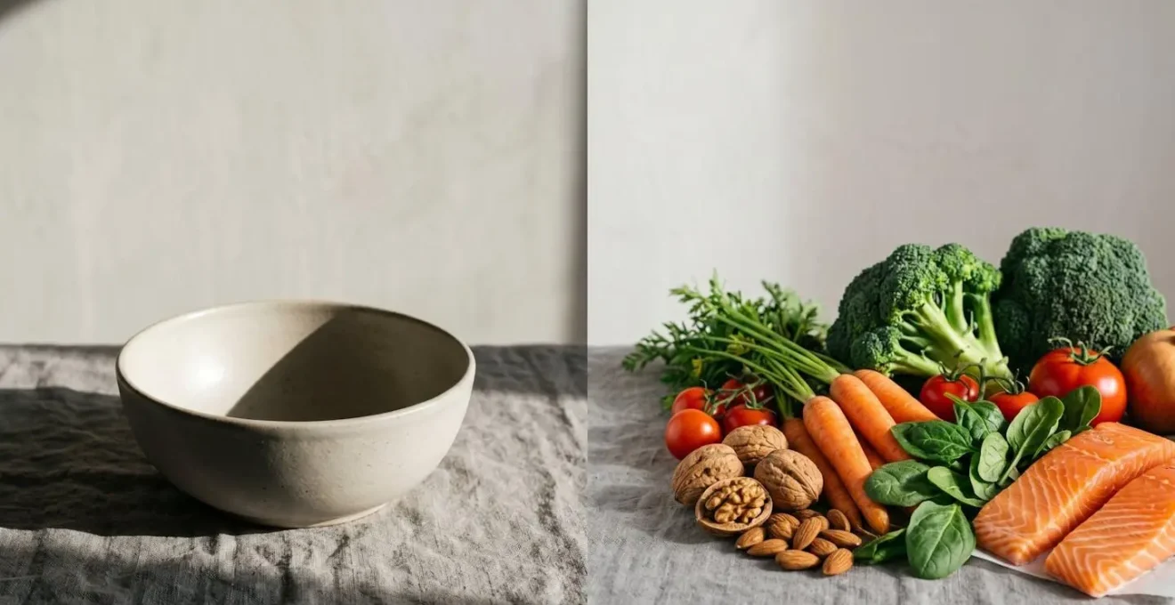 A symbolic arrangement showing contrast between energy depletion and replenishment through natural whole foods