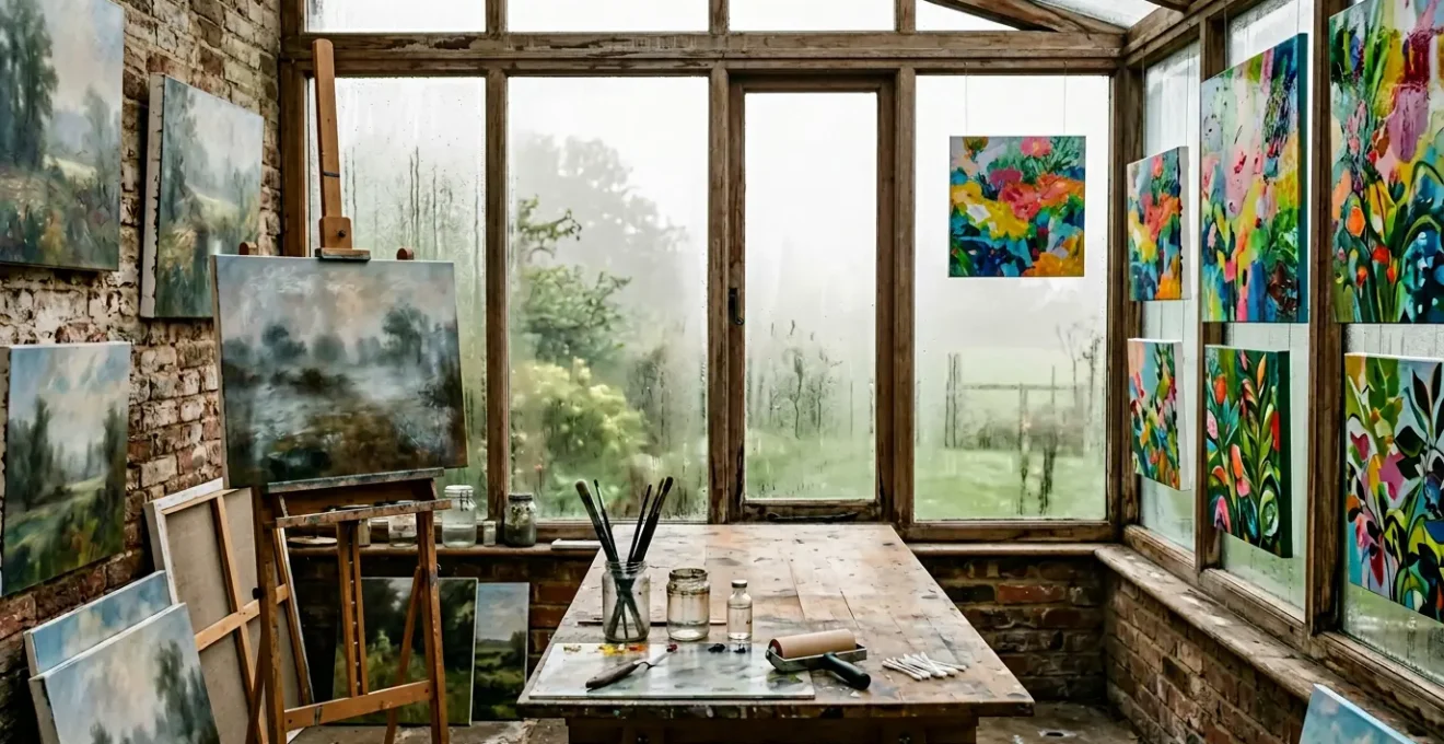 Artist studio with oil and acrylic paintings in humid UK environment showing different aging effects