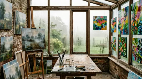 Artist studio with oil and acrylic paintings in humid UK environment showing different aging effects
