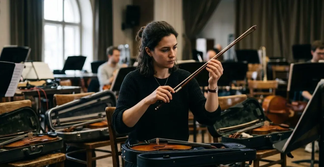 Professional musicians preparing instruments for international tour with cases and documentation
