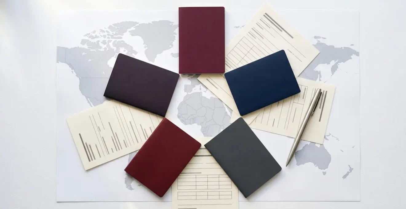 Symbolic overhead composition showing multiple international passports from various countries arranged with official visa application documents on a minimalist desk surface