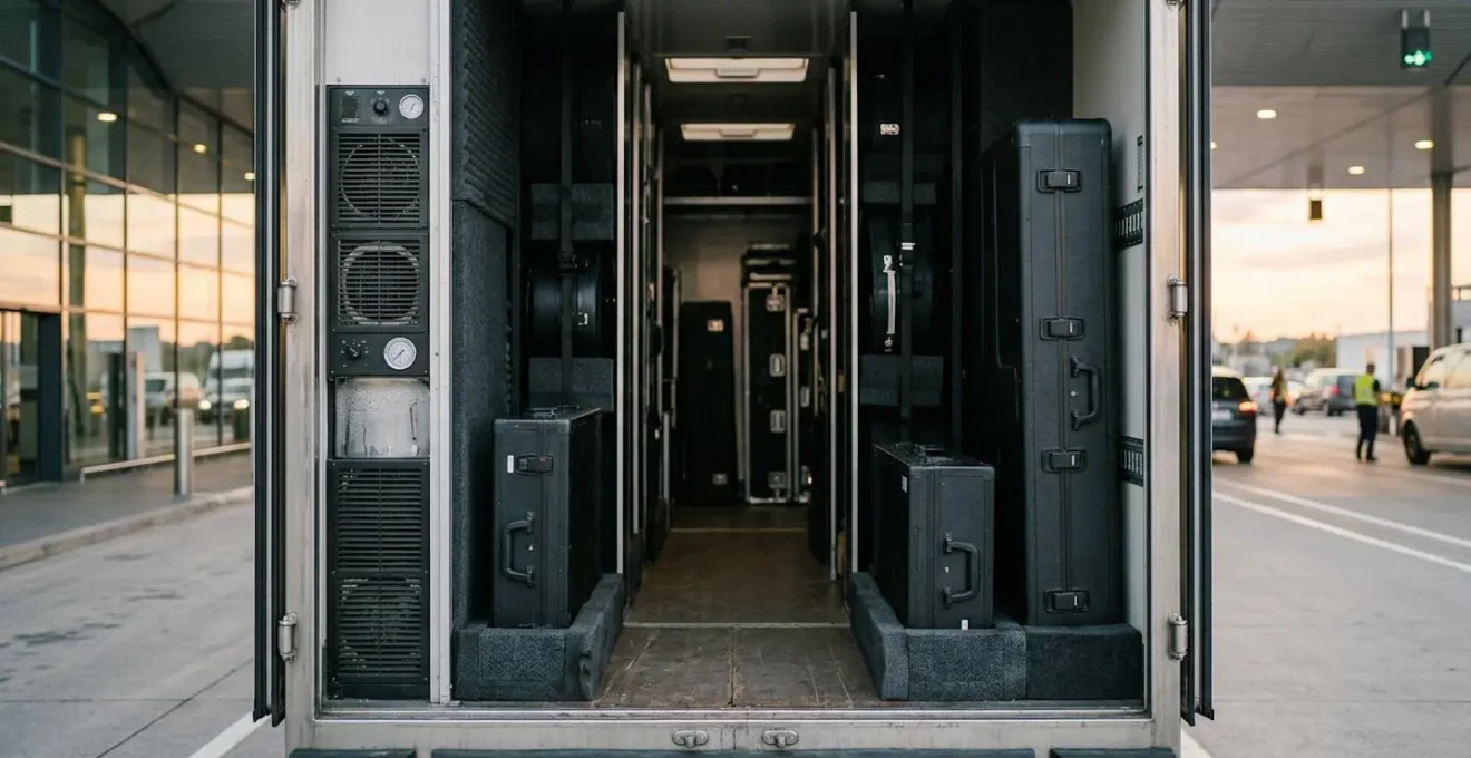 Professional orchestra equipment cases and musical instruments prepared for international customs clearance at a European border crossing