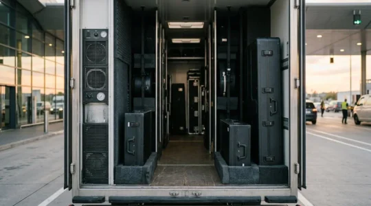 Professional orchestra equipment cases and musical instruments prepared for international customs clearance at a European border crossing