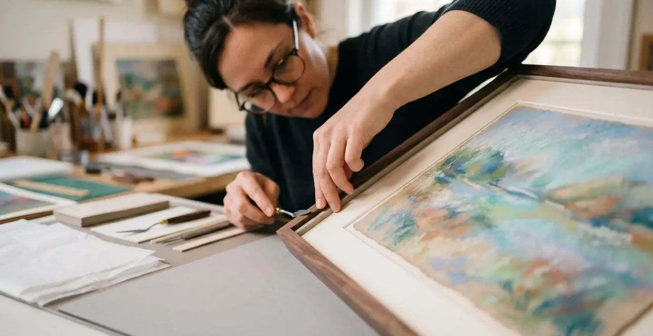 Cross-section view of properly framed pastel artwork showing spacers and sealing