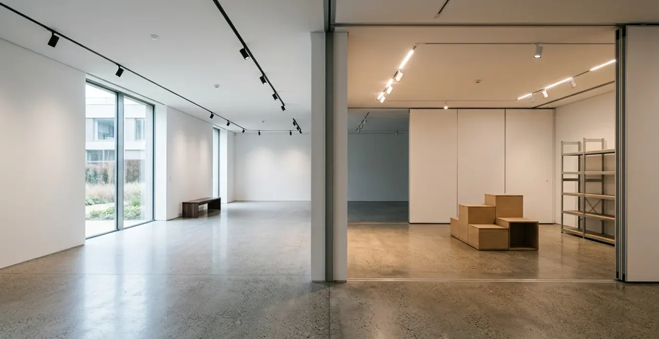 Contemporary art gallery space with strategic business decision split between established permanence and flexible innovation