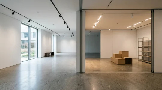 Contemporary art gallery space with strategic business decision split between established permanence and flexible innovation