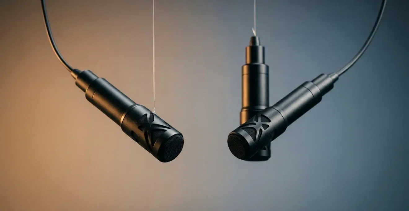 Two identical condenser microphones suspended in symmetrical positioning with subtle spatial relationship revealing critical timing difference for stereo imaging