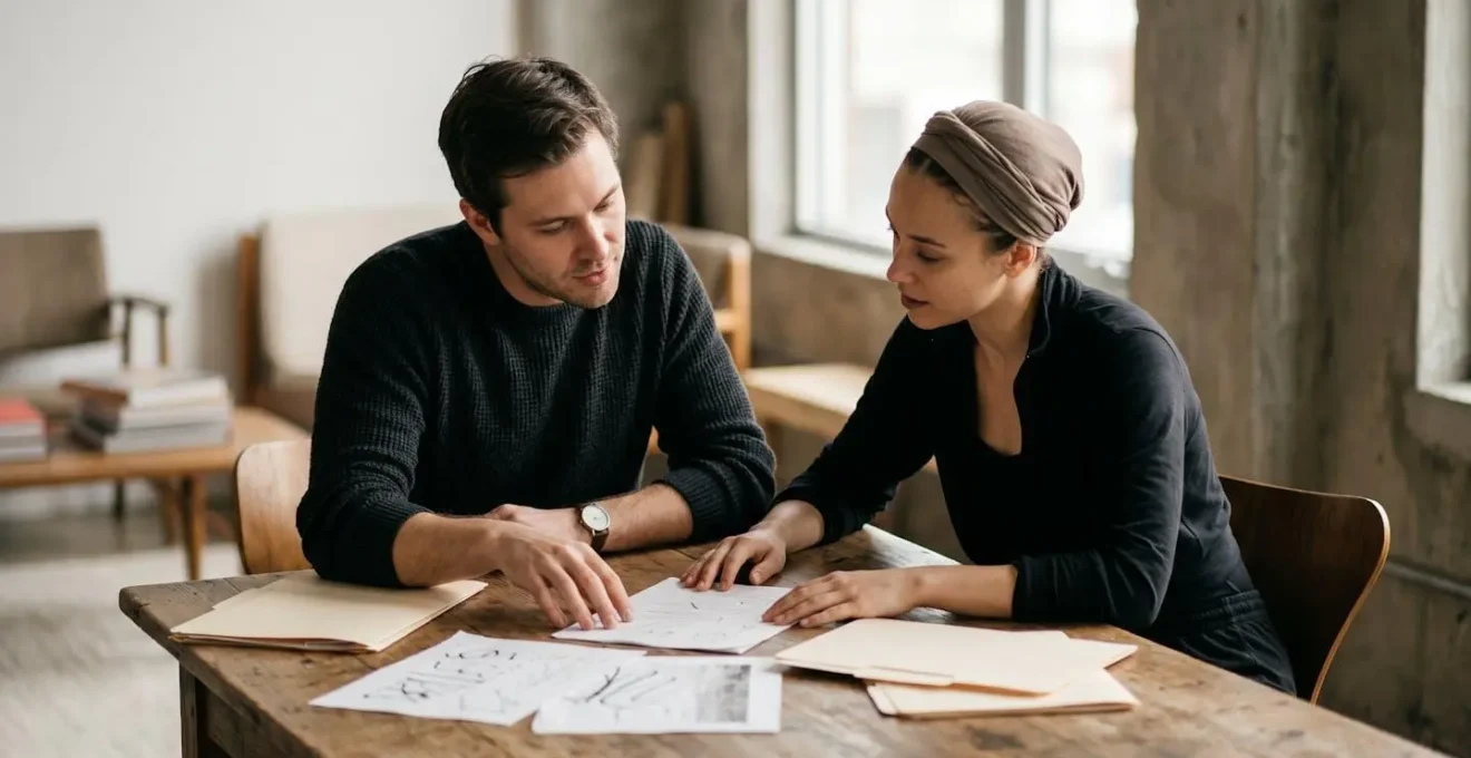 Photographer and dancer reviewing contract documents at table in natural light